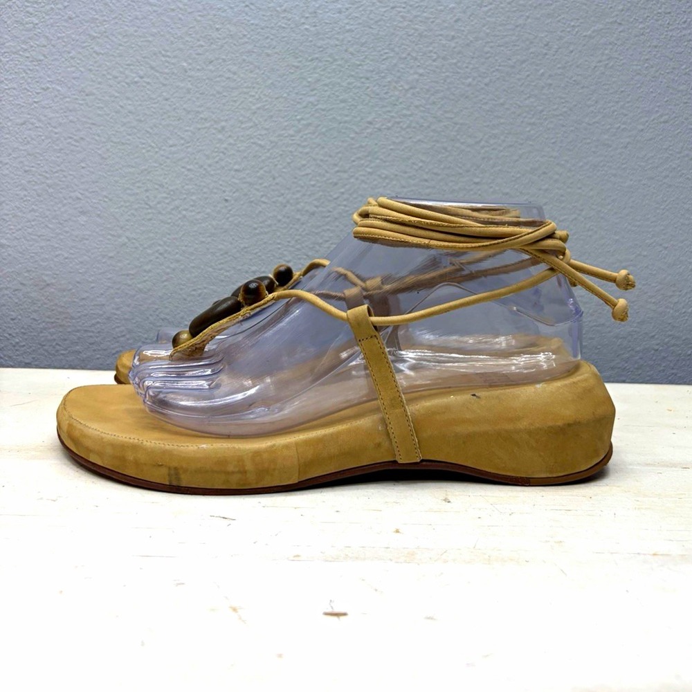 Arturo Chiang Beige Leather Thong Wedge Tie Ankle Strap Sandals Size 8